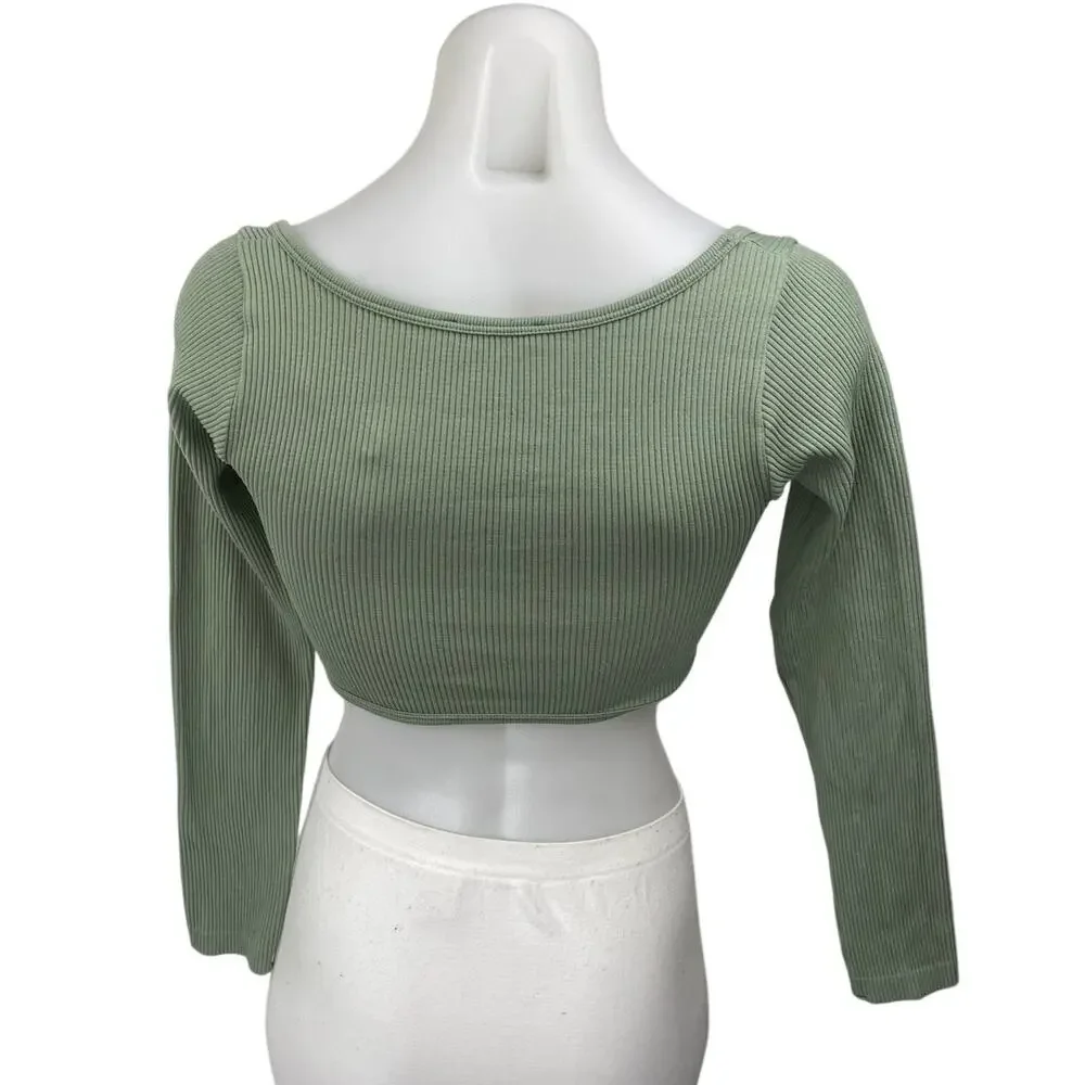Zara Women's Green Rib Knit Long Sleeve Sweetheart Neck Crop Sweater Top XS/S